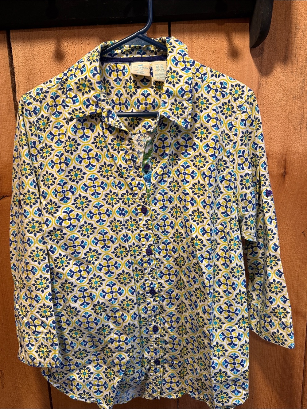 Caribbean Joe Blue, Yellow & White Geometric Button-Down Blouse